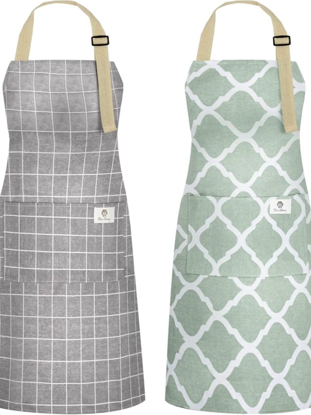 2 Pack Adjustable Waterproof Kitchen Aprons with Pockets - Green & Grey Plaid - Picture 1 of 7
